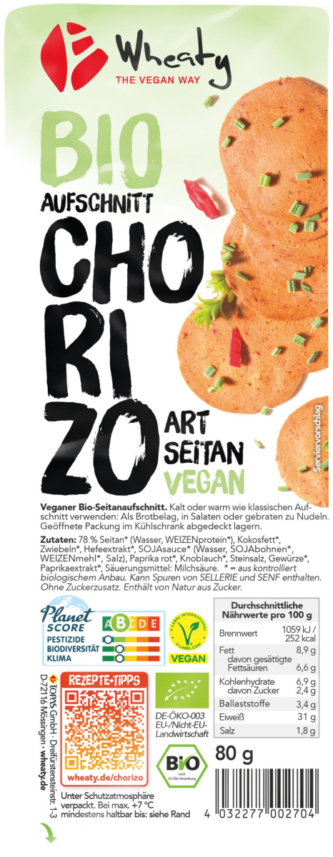 Wheaty Wheaty Aufschnitt Chorizo, 80 gr Packung ge