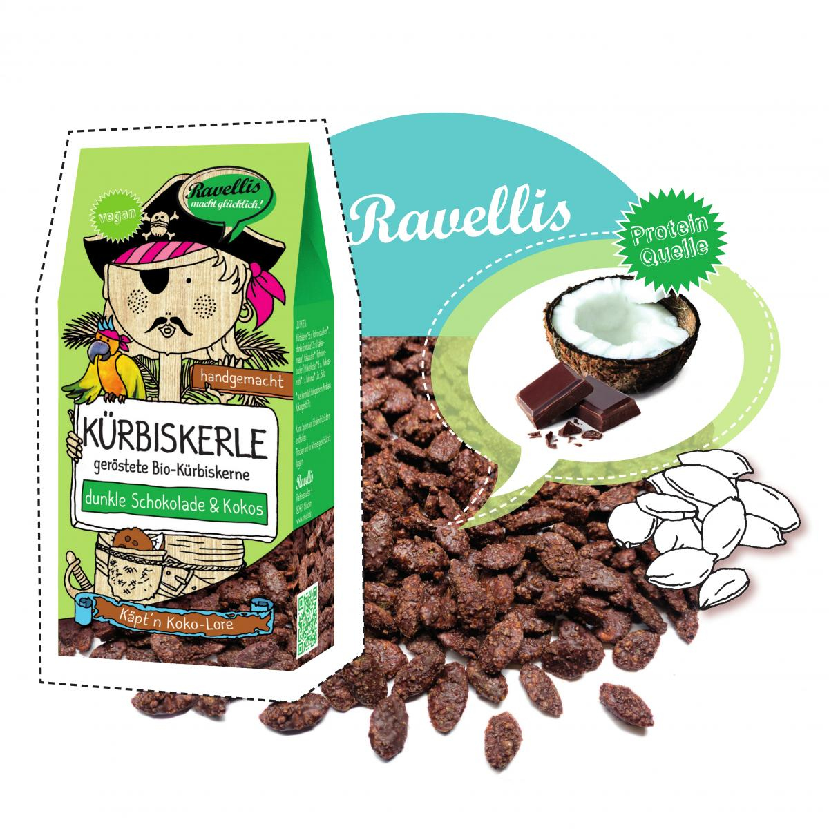 Ravellis Kürbiskerne Dunkle Schoko-Kokos, 80 gr Pa