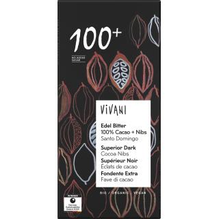 Vivani Edel Bitter 100% Kakao + Nibs, 80 gr Stück